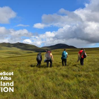 Blanket bogs, one of Scotland's most common semi-natural habitats, are vast open 'living' landscapes. Here the 'peat doctors' can been seen walking tens of kilometers to carry out scientific research. 