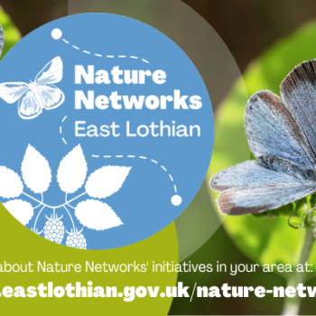 Logo of Nature Networks East Lothian with text explaining more information can be found at www.eastlothian.gov.uk/nature-networks