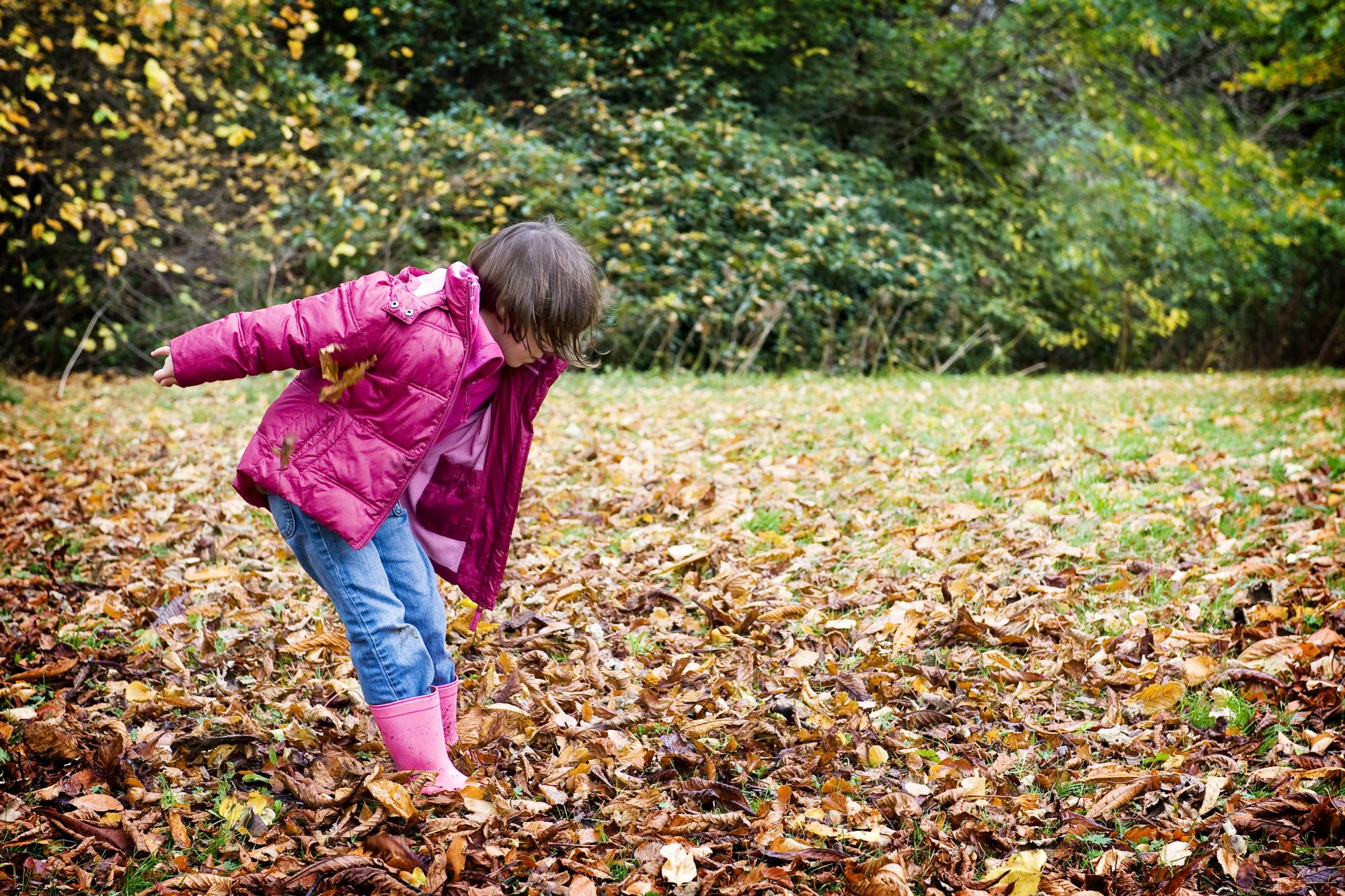 Young child jumping into pile of autumn leaves. ©beckyduncanphotographyltd/SNH. For information on reproduction rights contact the Scottish Natural Heritage Image Library on Tel. 01738 444177 or www.nature.scot