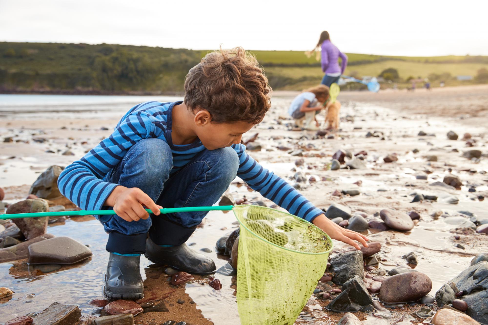 Children With Pet Dog Looking In Rockpools On Winter Beach holiday Adobe Stock for Make Space For Nature campaign