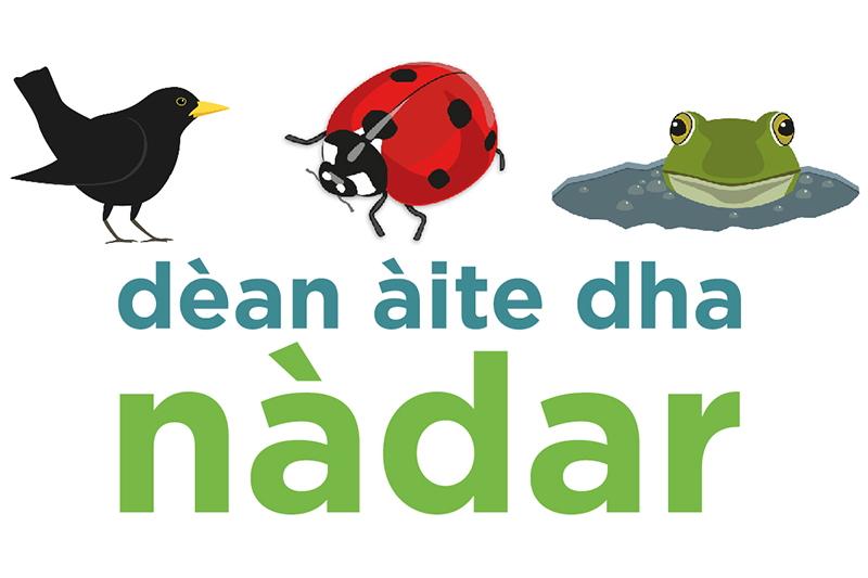 Gaelic Make Space For Nature logo with blackbird, ladybird and frog