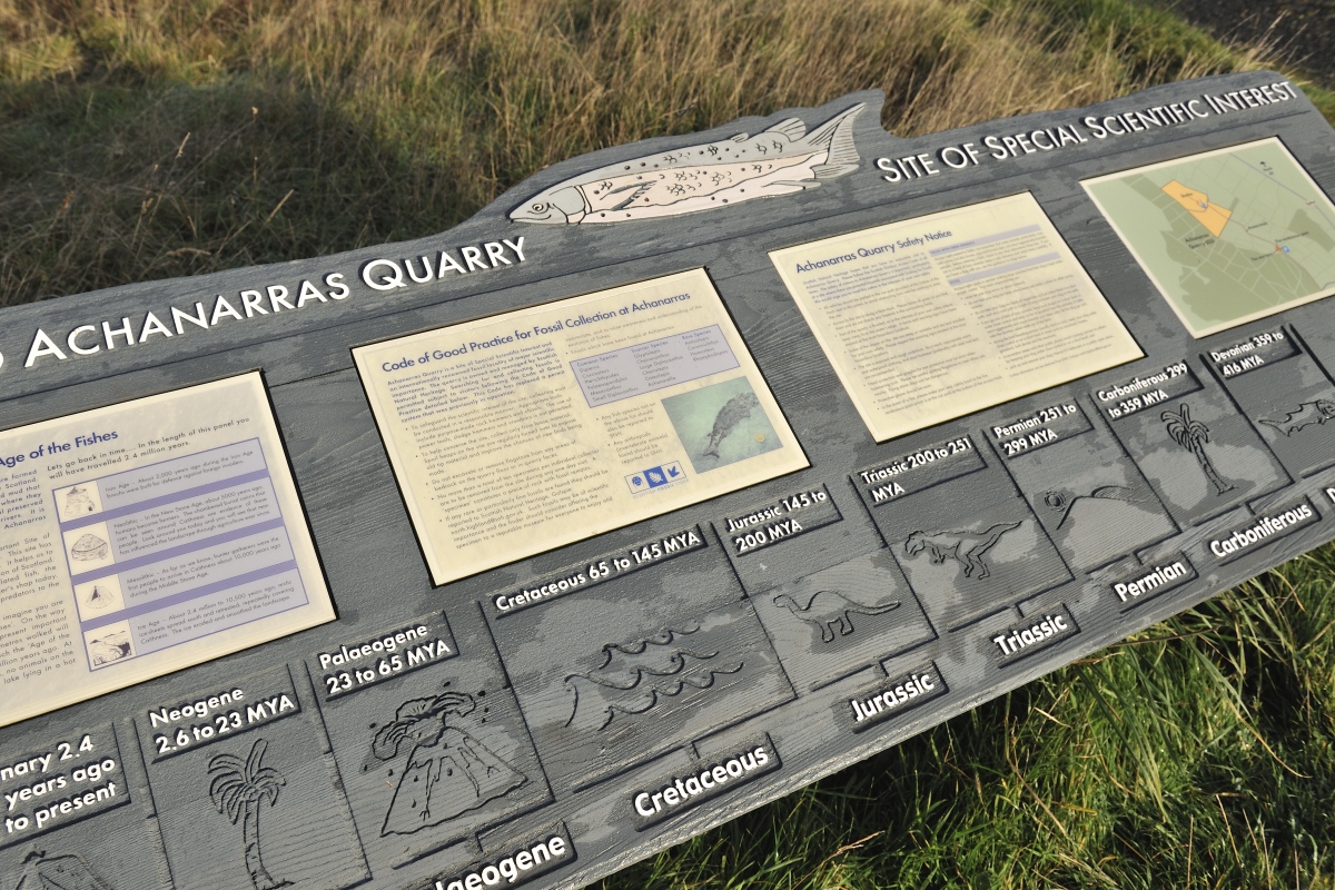 A geology interpretive panel at Achanarras Quarry