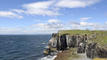 A coastal landscape of the Isle of May captured from an elevated perspective looking down at the sea and cliffs. On the left dark-rugged  asalt rock columns and cliffs meet the deep blue ocean with white surf crashing against the base. A small pebble beach or rocky shoreline is visible near the cliffs, blending into green moss or algae. The top half of the cliff face is covered in a vibrant green grassy plateau that extends in the distance. In the far background, a faint structure resembling a lighthouse.